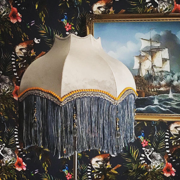 Curvaceous Pale Duck Egg Velvet Lampshade with Midnight Blue Beaded Fringe