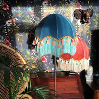 Lavish Victorian Style Pastel Blue Velvet Floor or Ceiling Lampshade with Sea Green, Coral and Gold Fringe and Pearl Detail