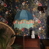 Lavish Victorian Style Pastel Blue Velvet Floor or Ceiling Lampshade with Sea Green, Coral and Gold Fringe and Pearl Detail