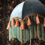 Lavish Victorian Style Pastel Blue Velvet Floor or Ceiling Lampshade with Sea Green, Coral and Gold Fringe and Pearl Detail